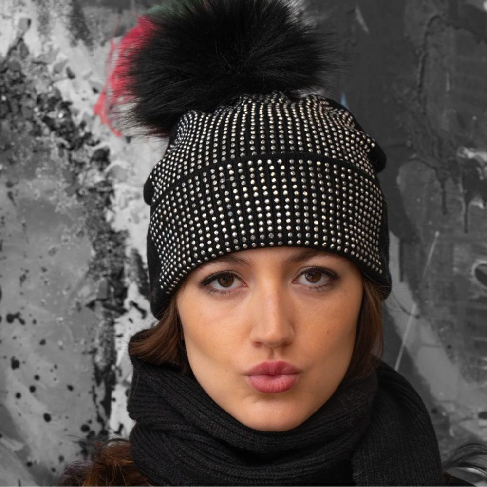 NWT Adrienne Landau Black Beanie Hat/Beanie Silver Crystals Faux Fur Pom-Pom OS